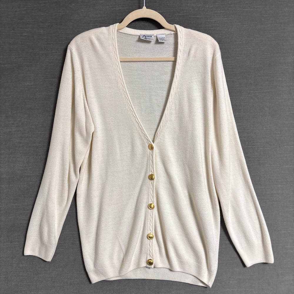 Vintage Alison Craig Cardigan M Cream Gold Knit Retro 80s 90s Preppy Feminine